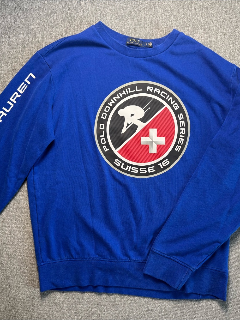 Polo by Ralph Lauren Men’s Royal Blue Crewneck Sweatshirt with Racing Emblem